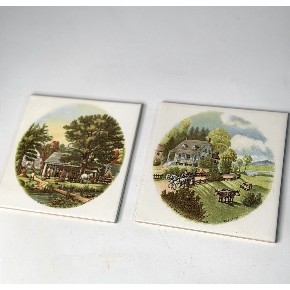 Stove Burner Covers Currier and Ives Ivory Enameled Motif Set Of 2